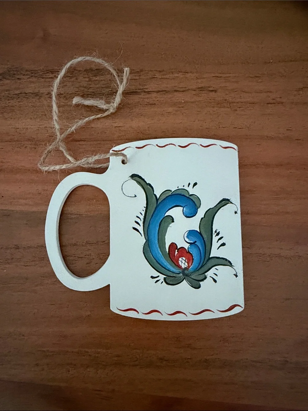 Hand-Painted Norwegian Rosemaling Wooden Mug Ornament 4”